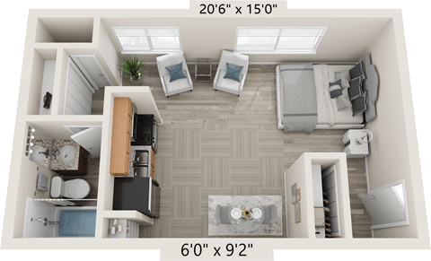 Floor plan for studio, 1 bath, 400 sqft